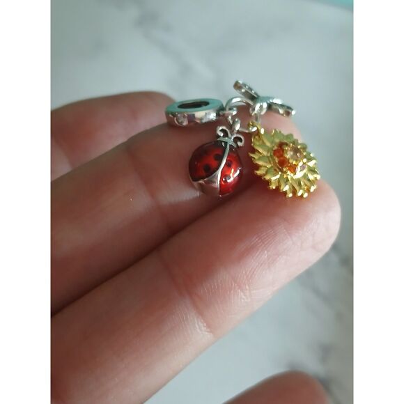 Ladybug Sunflower and Dragonfly Tri Dangle Charm S925 Silver 14K Gold Plated - Picture 3 of 11